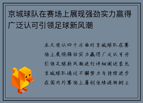 京城球队在赛场上展现强劲实力赢得广泛认可引领足球新风潮