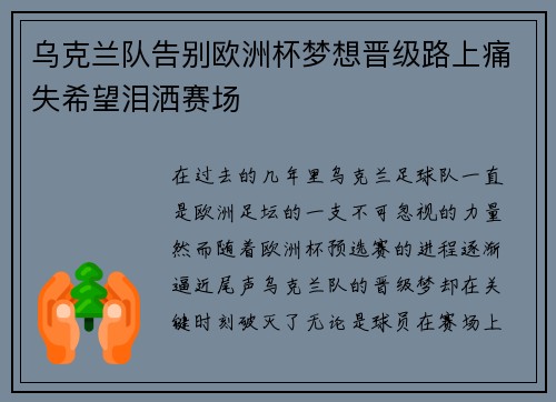 乌克兰队告别欧洲杯梦想晋级路上痛失希望泪洒赛场