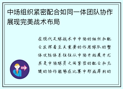 中场组织紧密配合如同一体团队协作展现完美战术布局