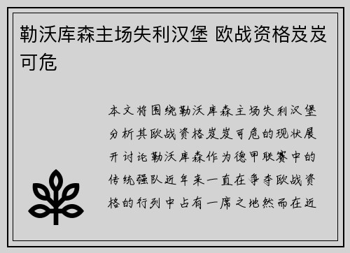 勒沃库森主场失利汉堡 欧战资格岌岌可危