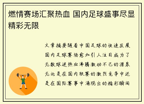 燃情赛场汇聚热血 国内足球盛事尽显精彩无限
