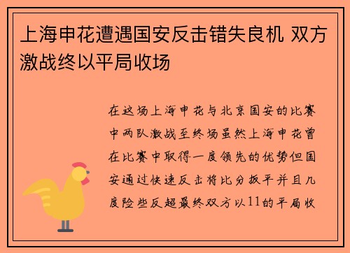 上海申花遭遇国安反击错失良机 双方激战终以平局收场